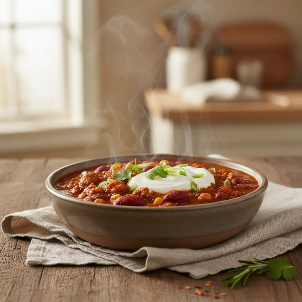 A bowl of Panera Turkey Chili garnished with fresh herbs