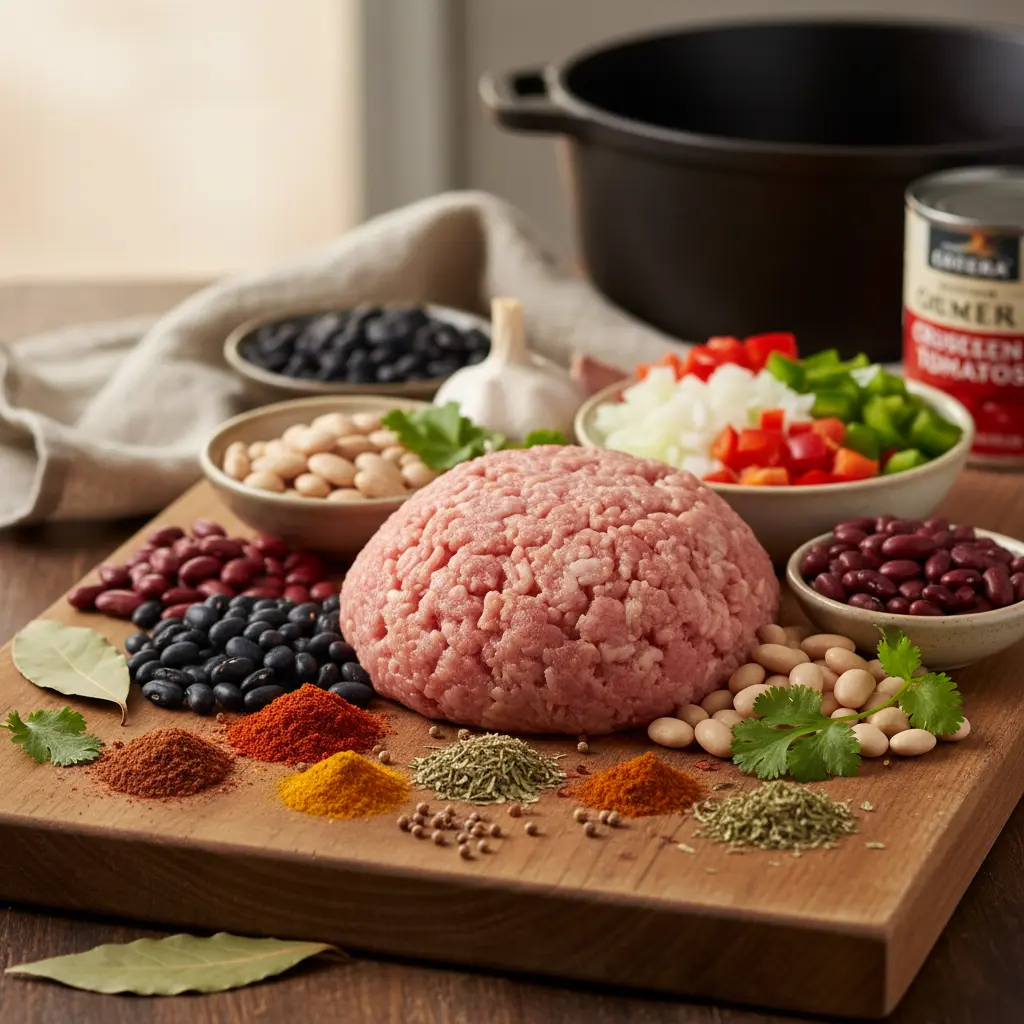 Ingredients for Panera Turkey Chili including ground turkey, beans, and spices