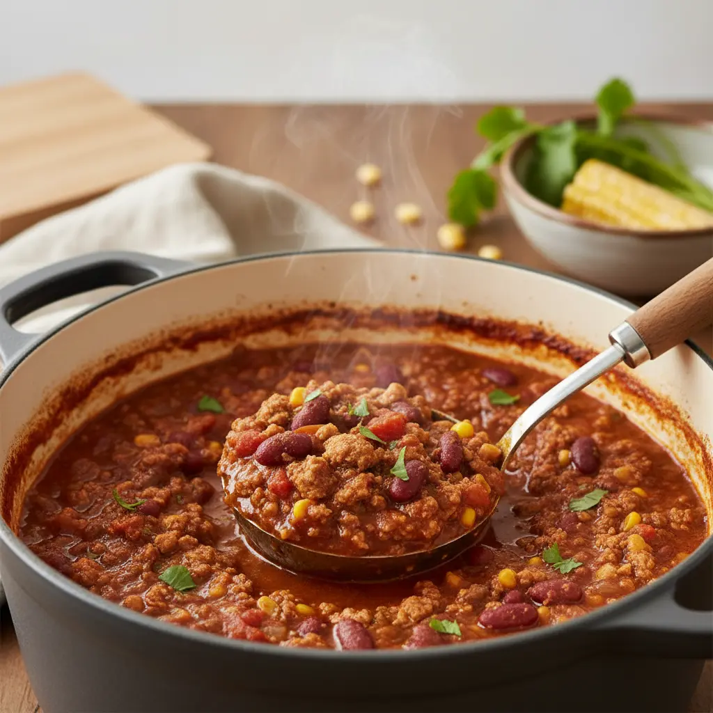 Preparing Panera Turkey Chili in a pot with a ladle