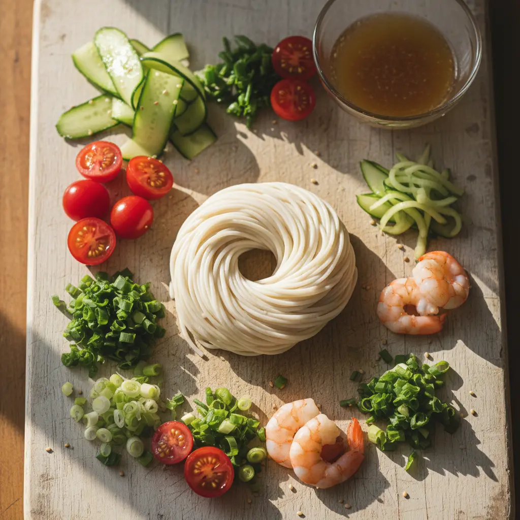 Somen Salad preparation step with ingredients laid out