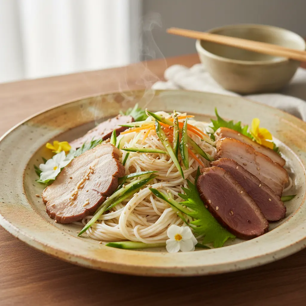 Cold Somen Salad with sliced meats and noodles