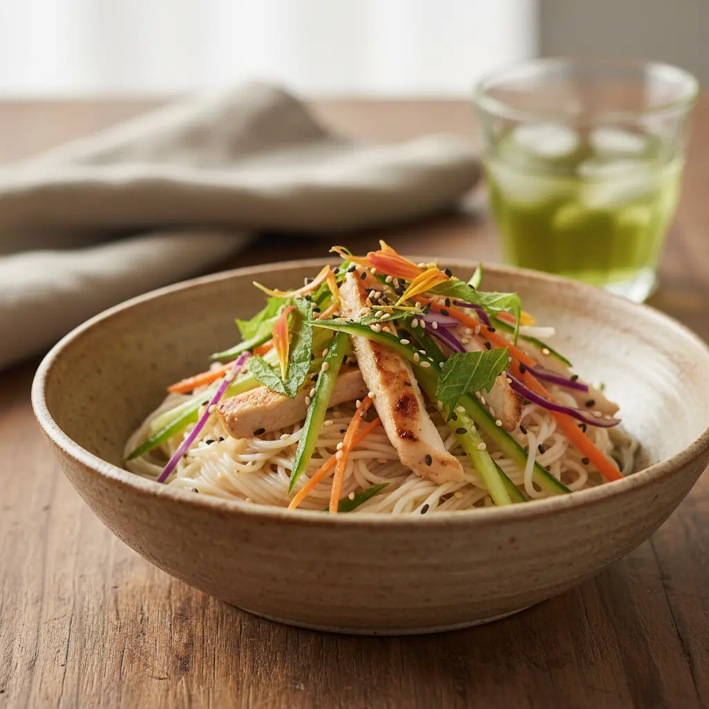 Japanese Somen Salad served in a ceramic bowl
