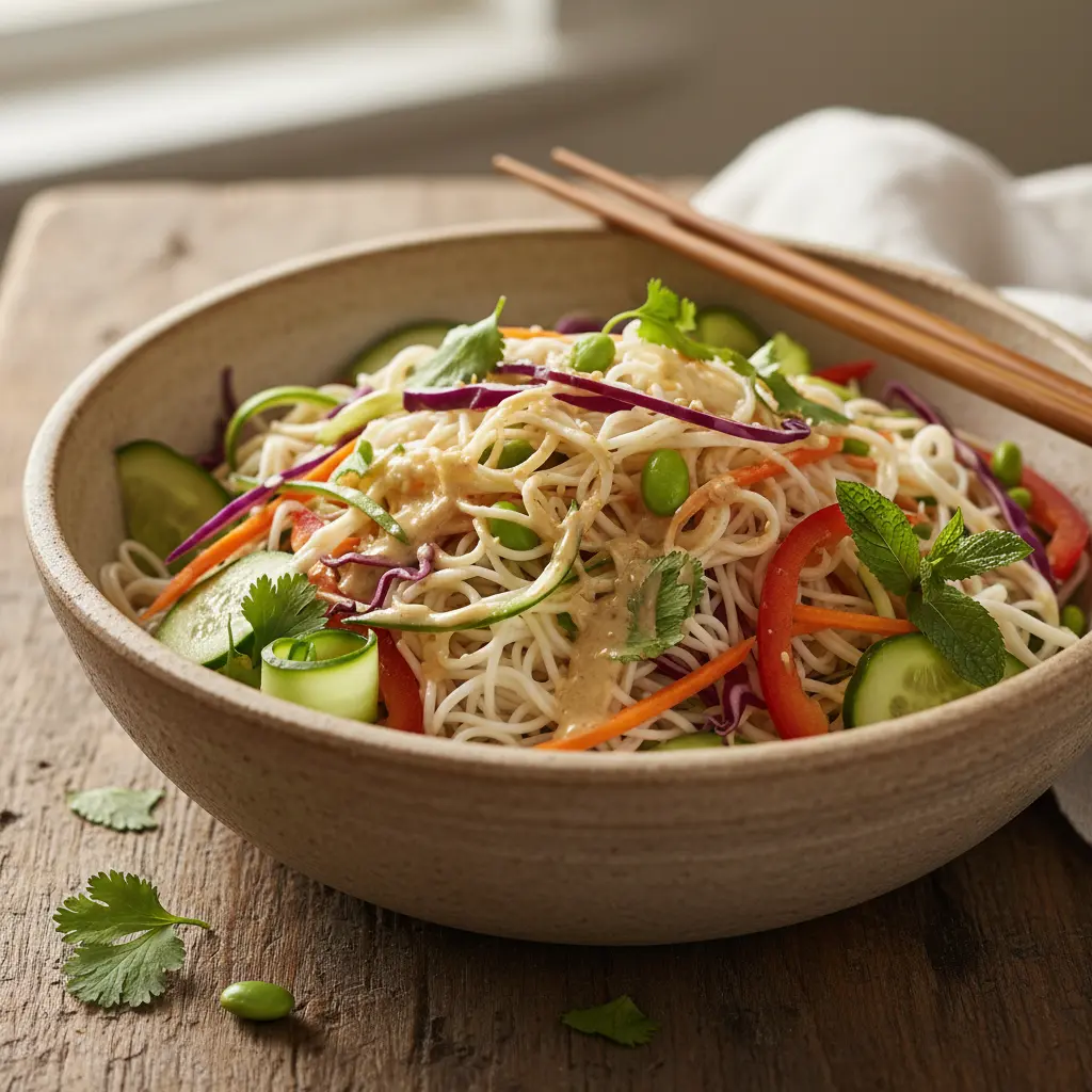 Somen Salad with fresh vegetables and dressing