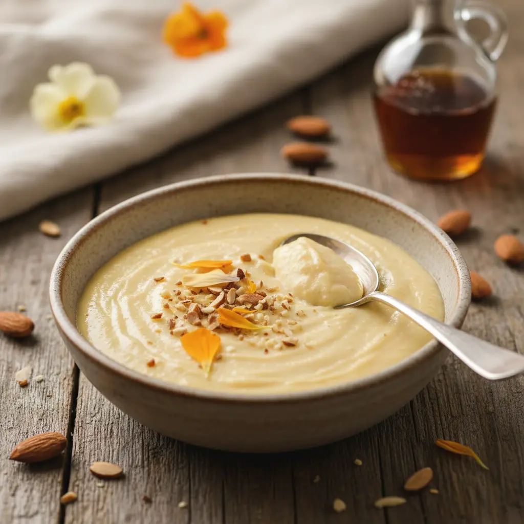 Ultra-realistic food photography of serving dairy free custard