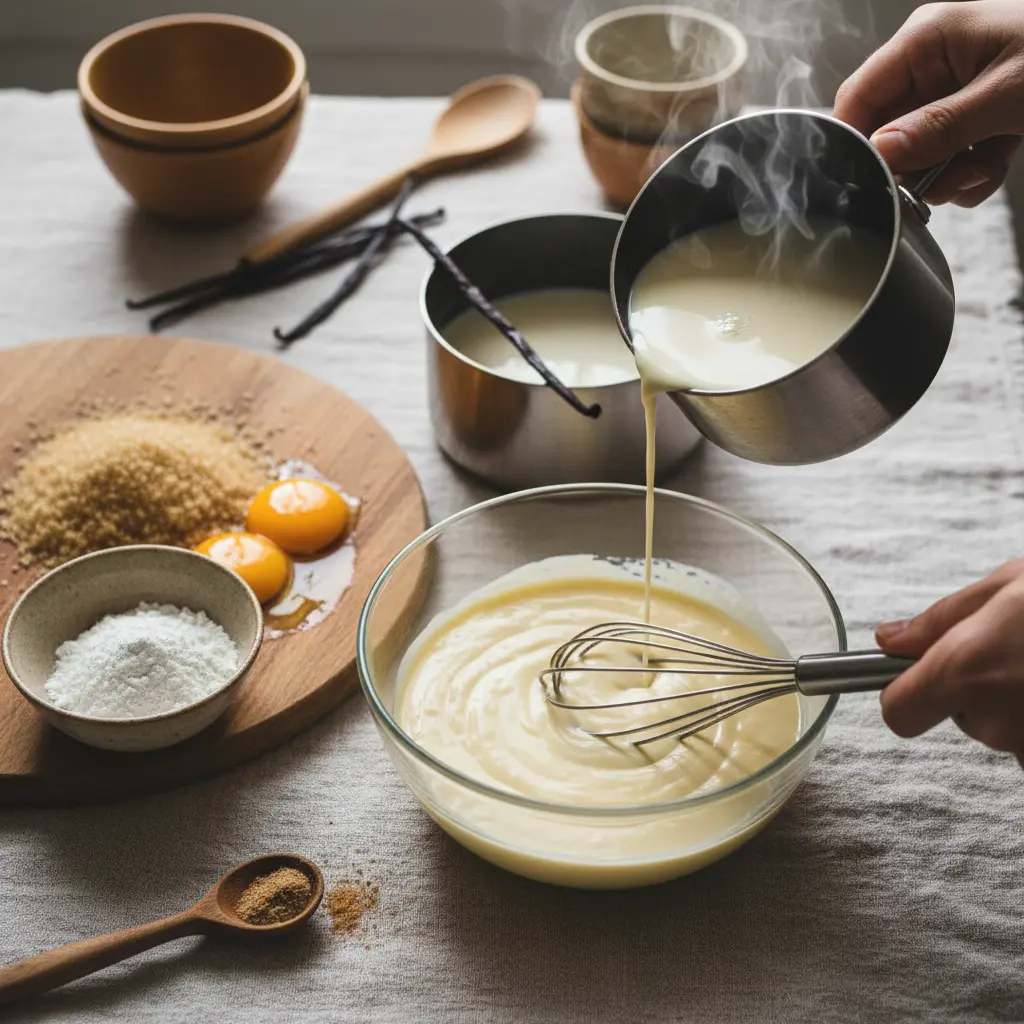Ultra-realistic food photography of dairy free custard preparation steps