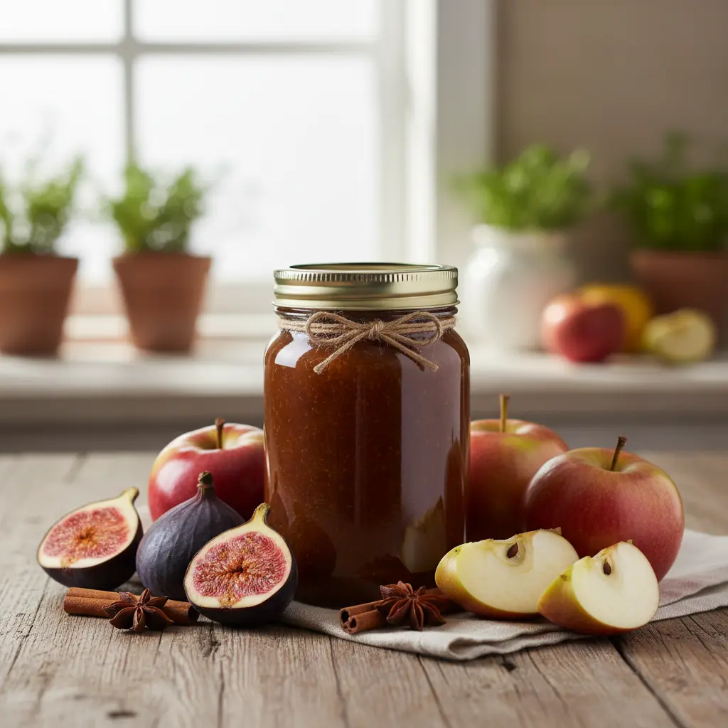 Jar of homemade fig apple butter on a wooden table
