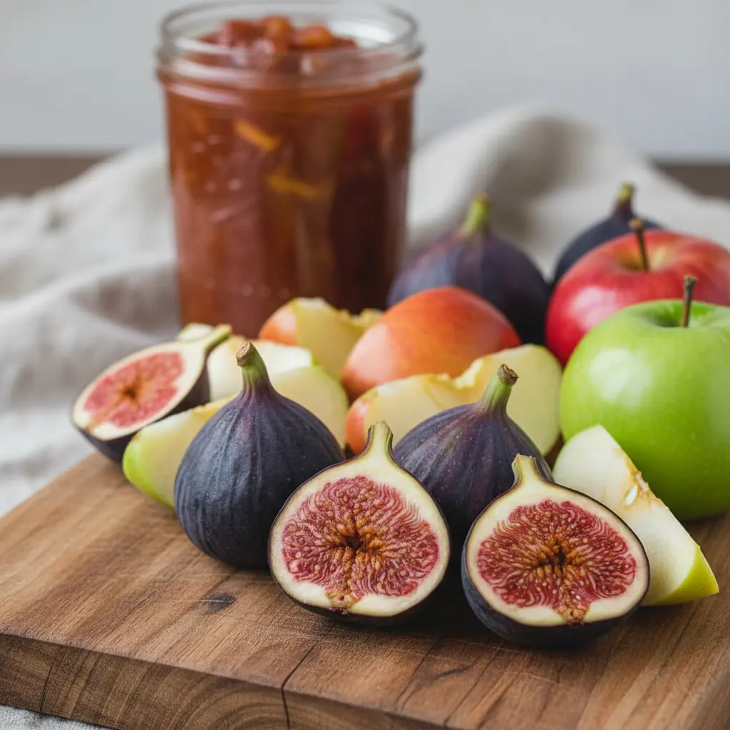 Figs and apples with a jar of fig apple butter