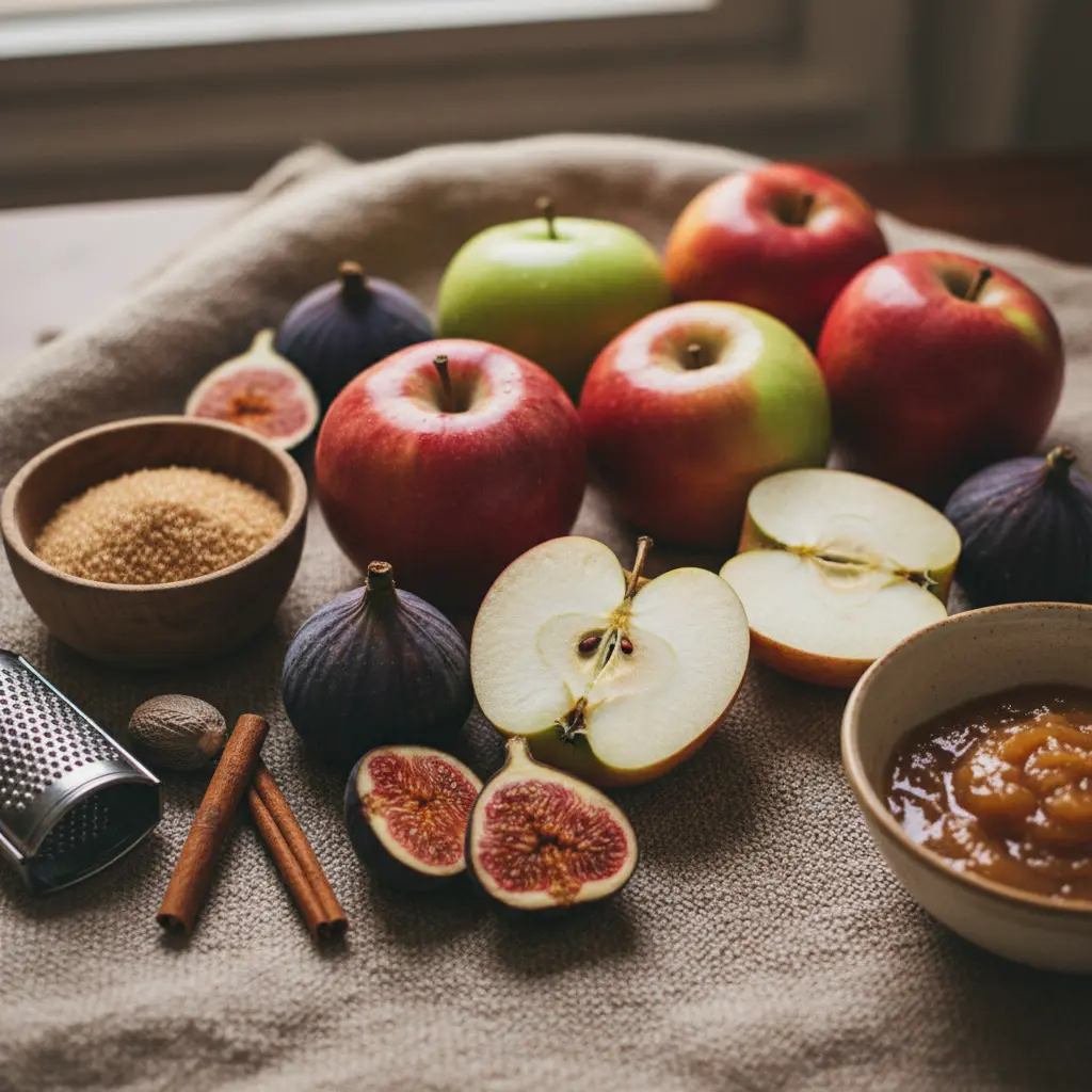 Freshly picked apples and figs on fabric
