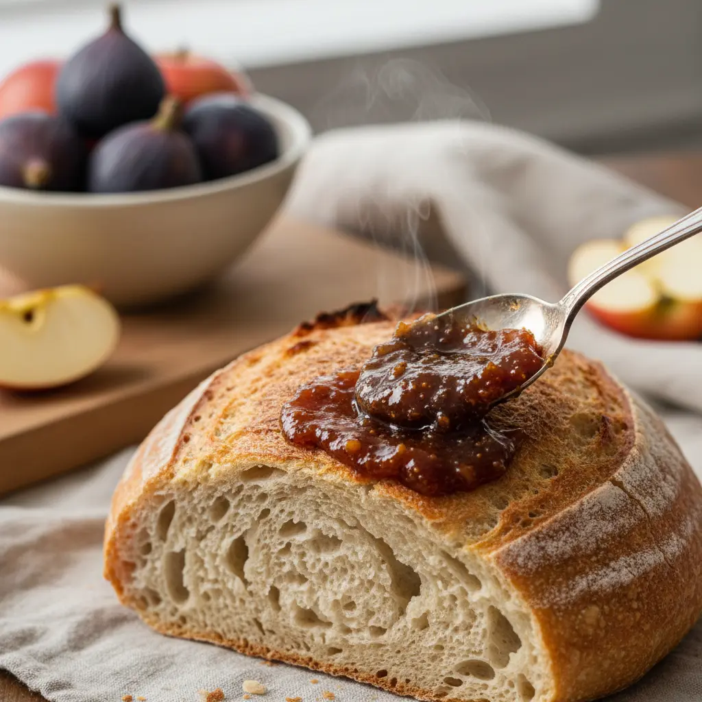 Spoonful of fig apple butter spread on bread