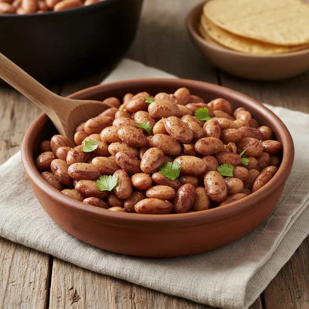 Cooking process of Anasazi beans with onions and garlic