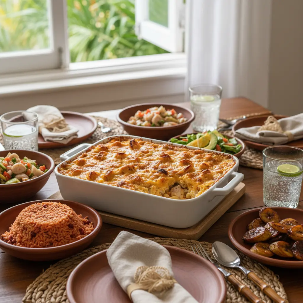 Dining table with Bahamian macaroni and cheese