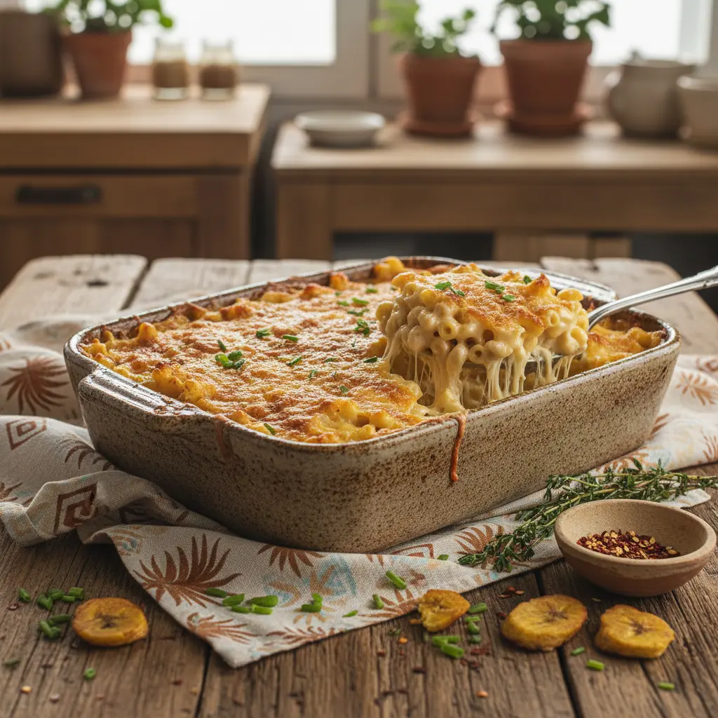 Bahamian macaroni and cheese on a rustic wooden table
