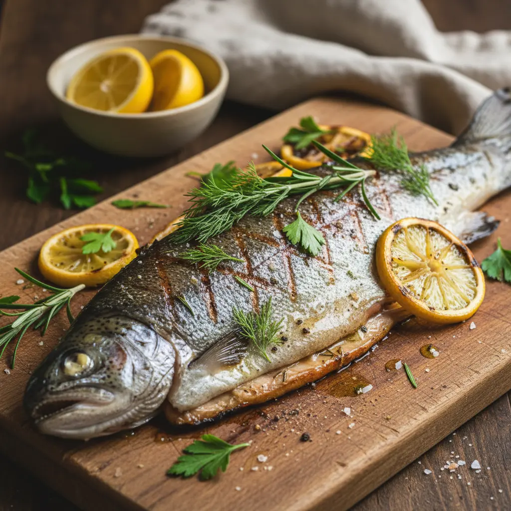 Grilled steelhead trout with herbs and lemon slices