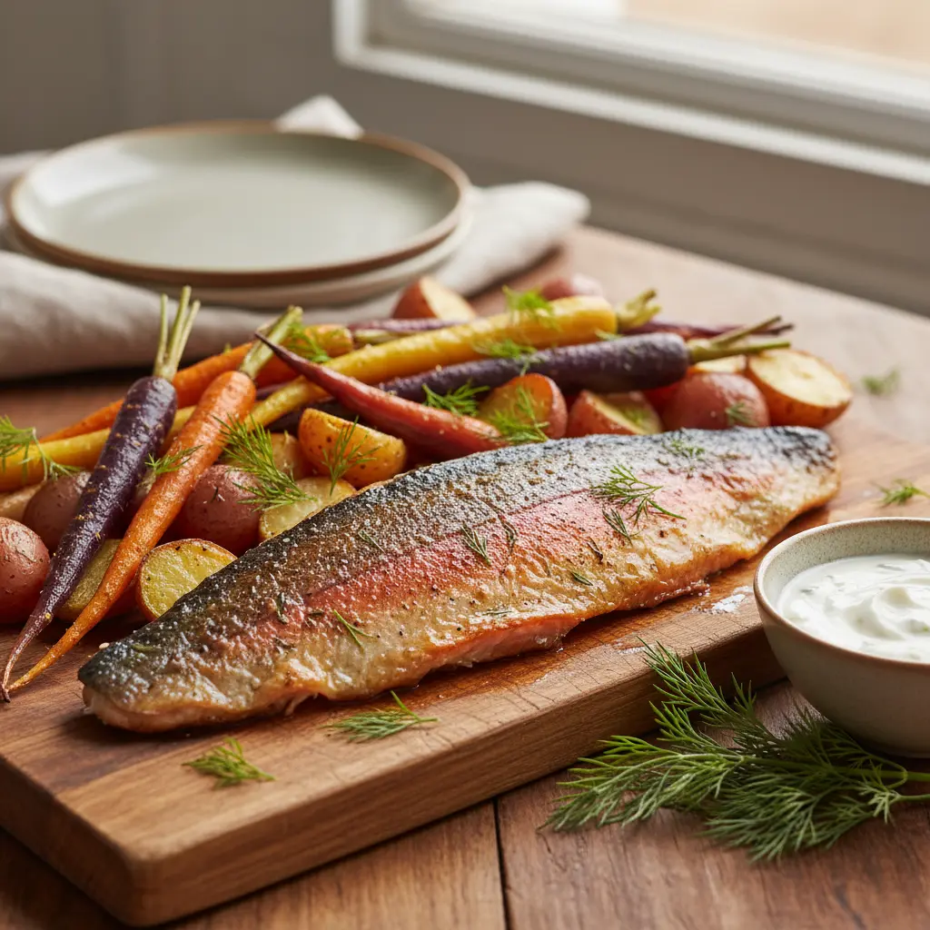 Steelhead trout with vegetables and fresh dill