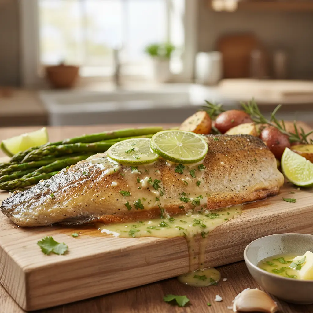 Baked steelhead trout with garlic lime butter sauce