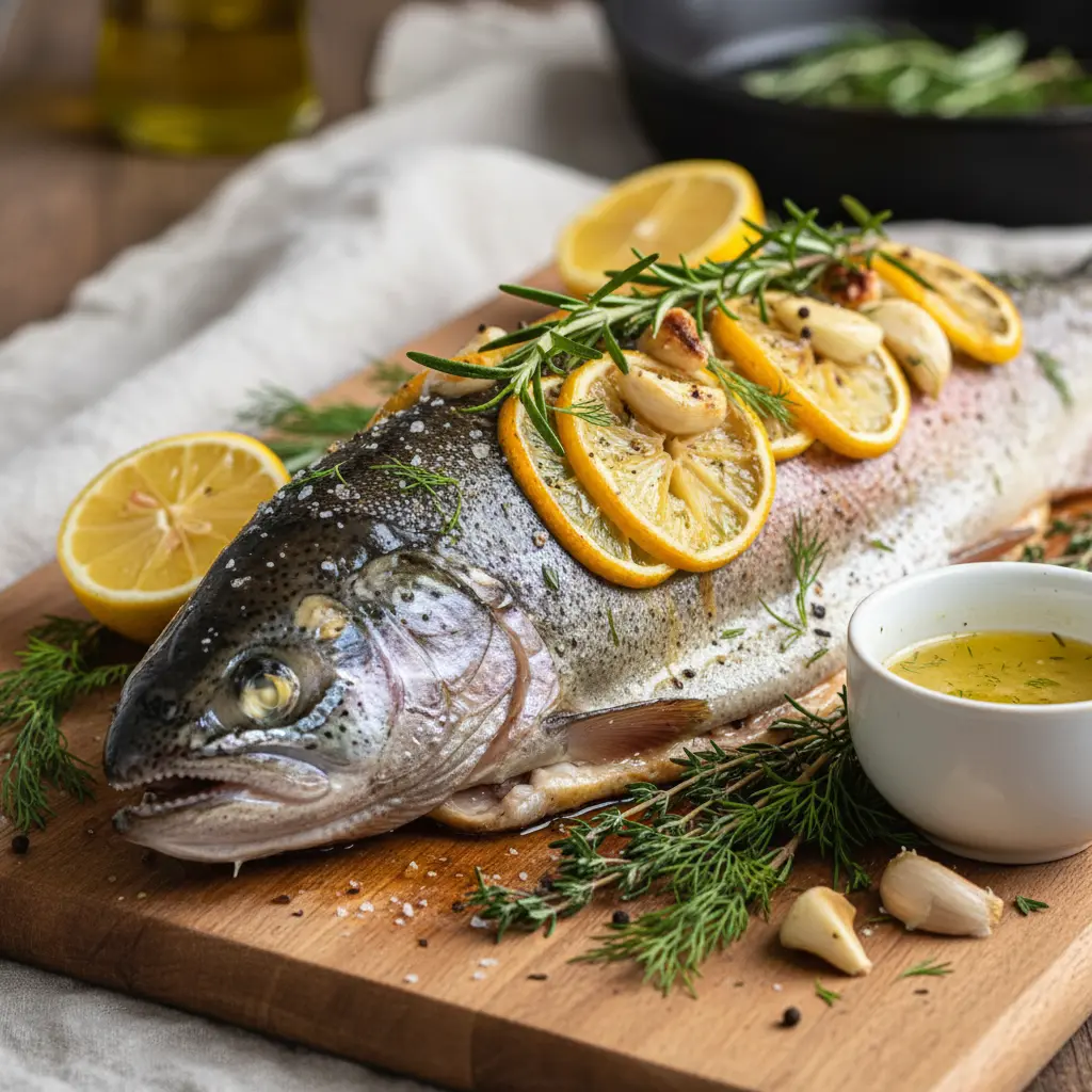 Steelhead Trout with lemon, garlic, and herbs