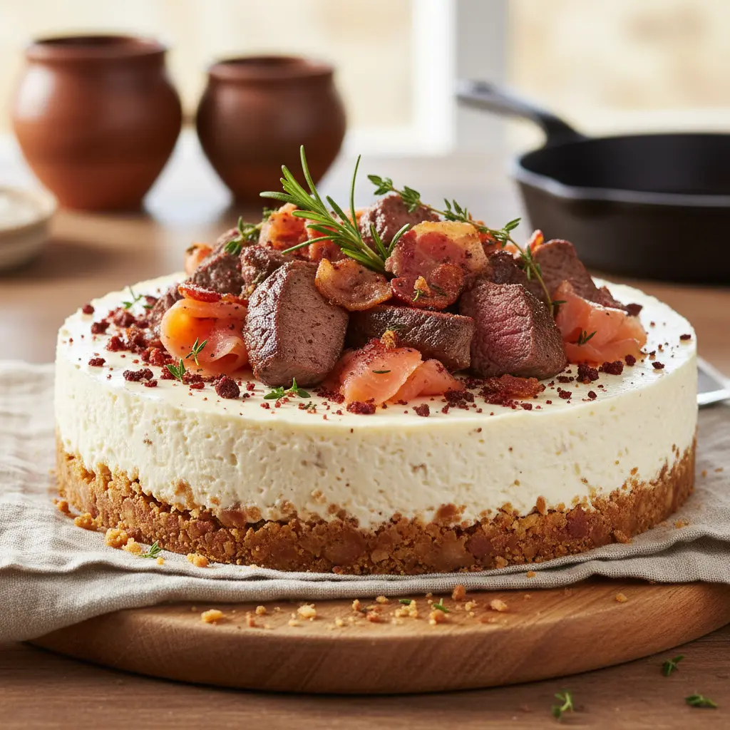 Carnivore Cheesecake served on a rustic wooden plate