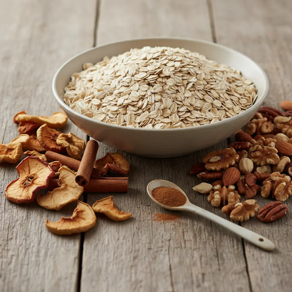 Ingredients for apple granola recipe on a wooden table: oats, dried apples, cinnamon sticks, and nuts.