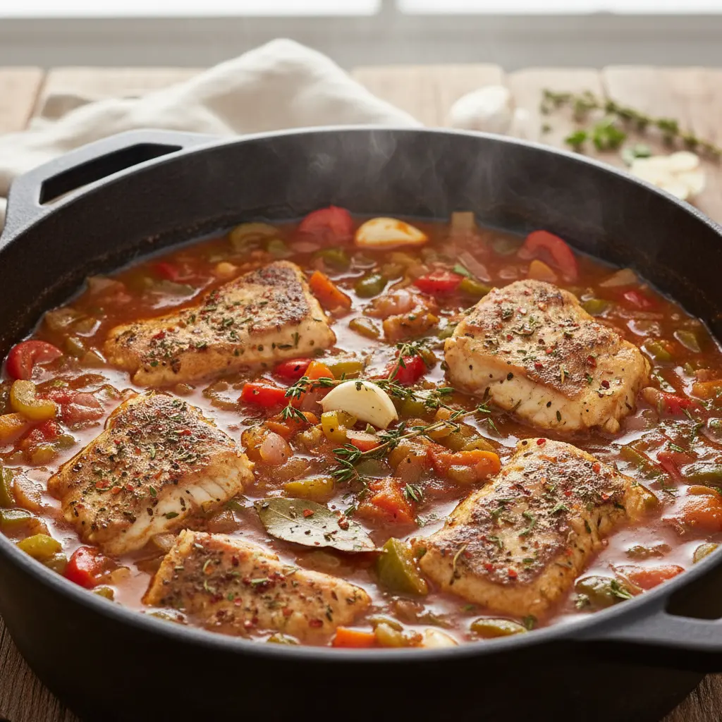 Catfish coubion simmering in a pot with vegetables