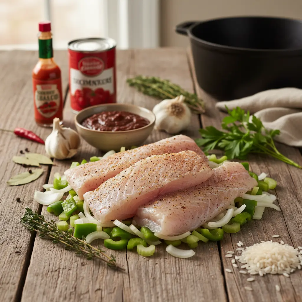 Ingredients for catfish coubion on a kitchen table