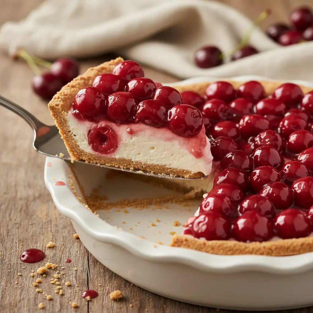 Cherry cream pie with glossy red cherry topping and creamy filling in a graham cracker crust