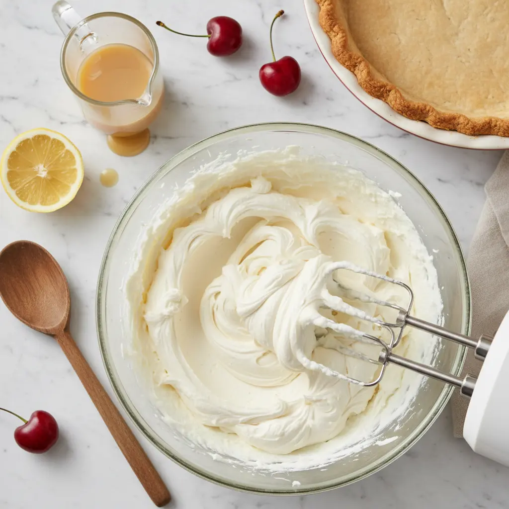Cream cheese being beaten smooth with a hand mixer while preparing a cherry cream pie recipe