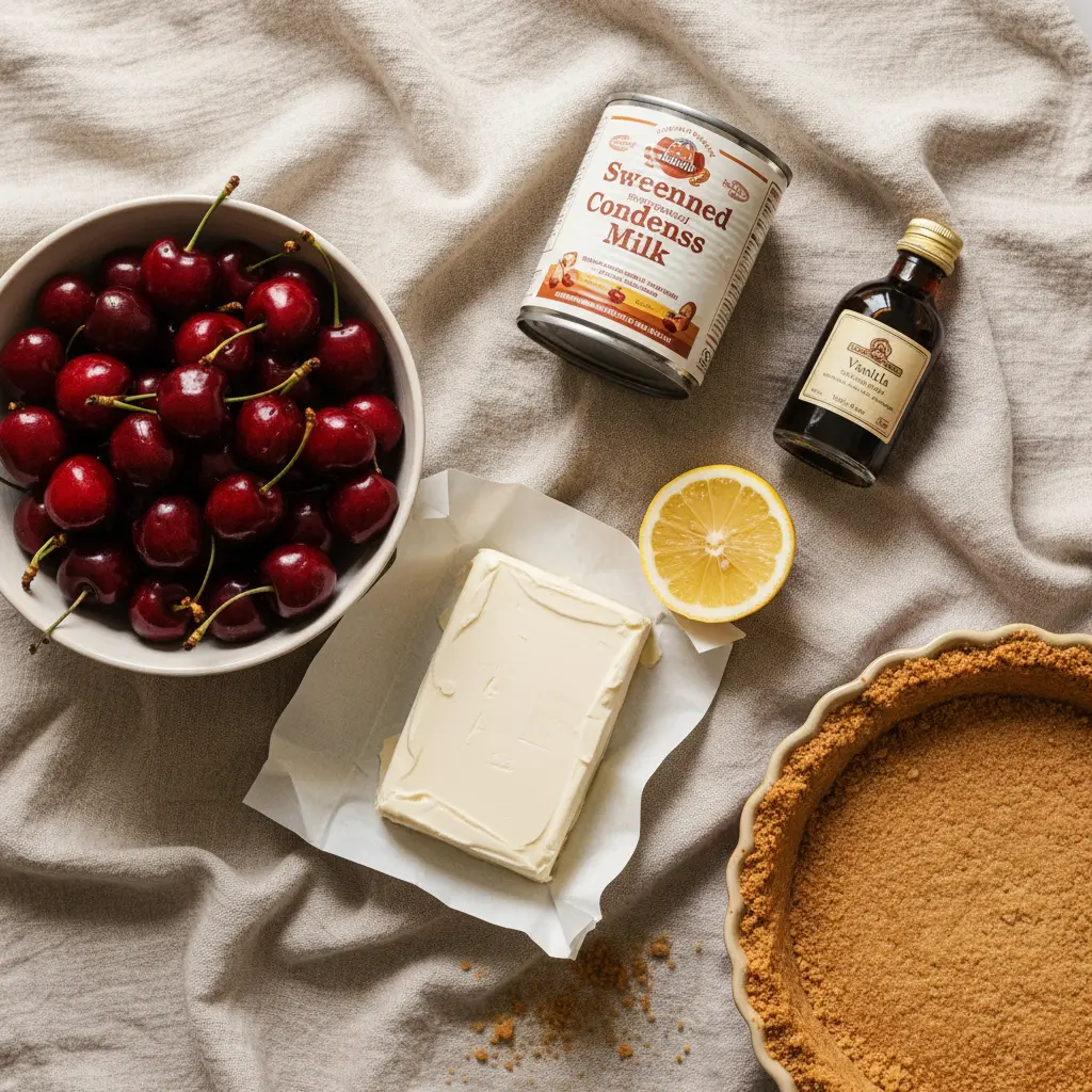 Flat lay of cherry cream pie recipe ingredients including cream cheese, condensed milk, cherries, lemon, and graham cracker crust