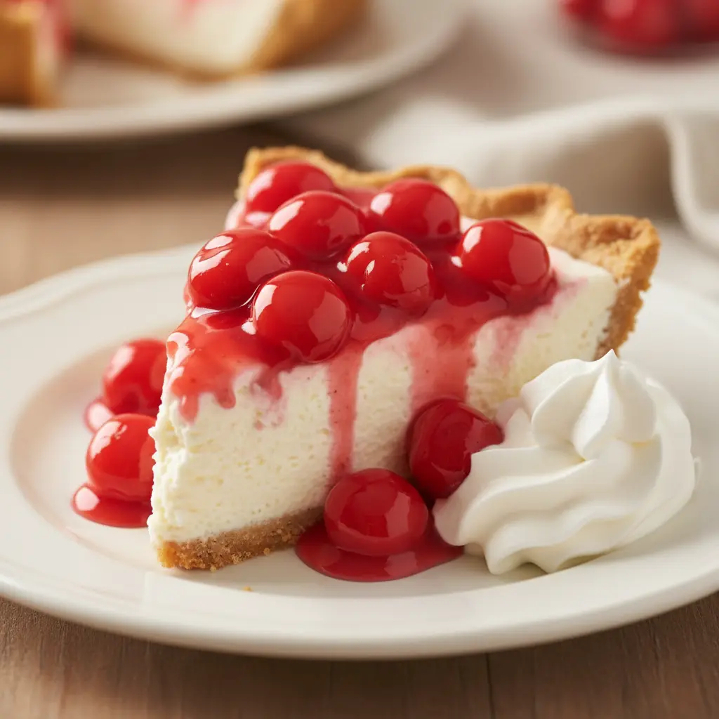 Close-up slice of cherry cream pie with bright red cherry topping and thick creamy filling on a white plate