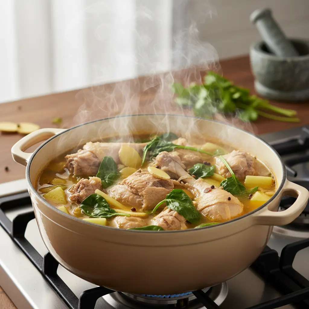 Chicken and green papaya simmering together in a large pot with steam rising from the savory broth