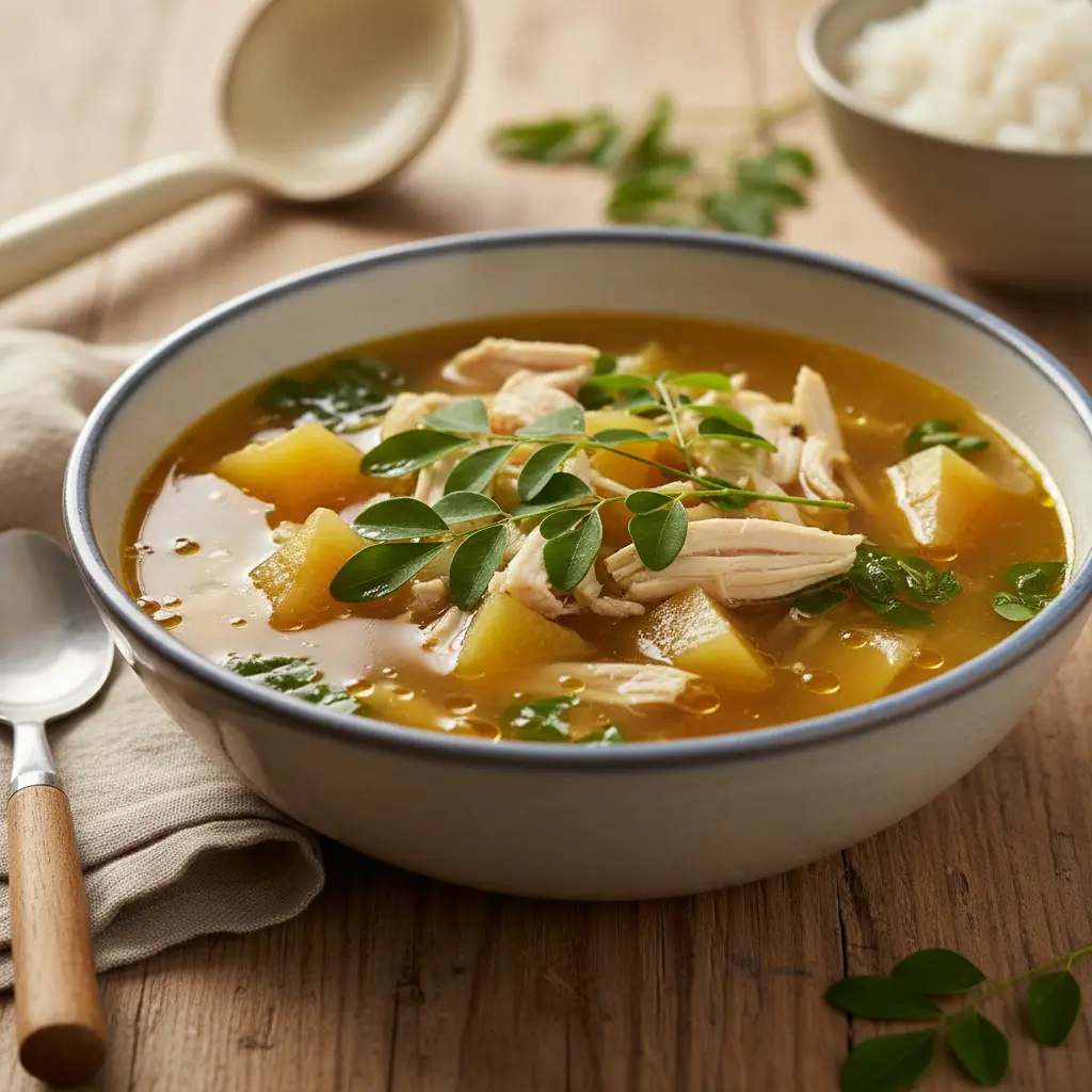 Chicken papaya soup served in a deep bowl with moringa leaves and golden broth