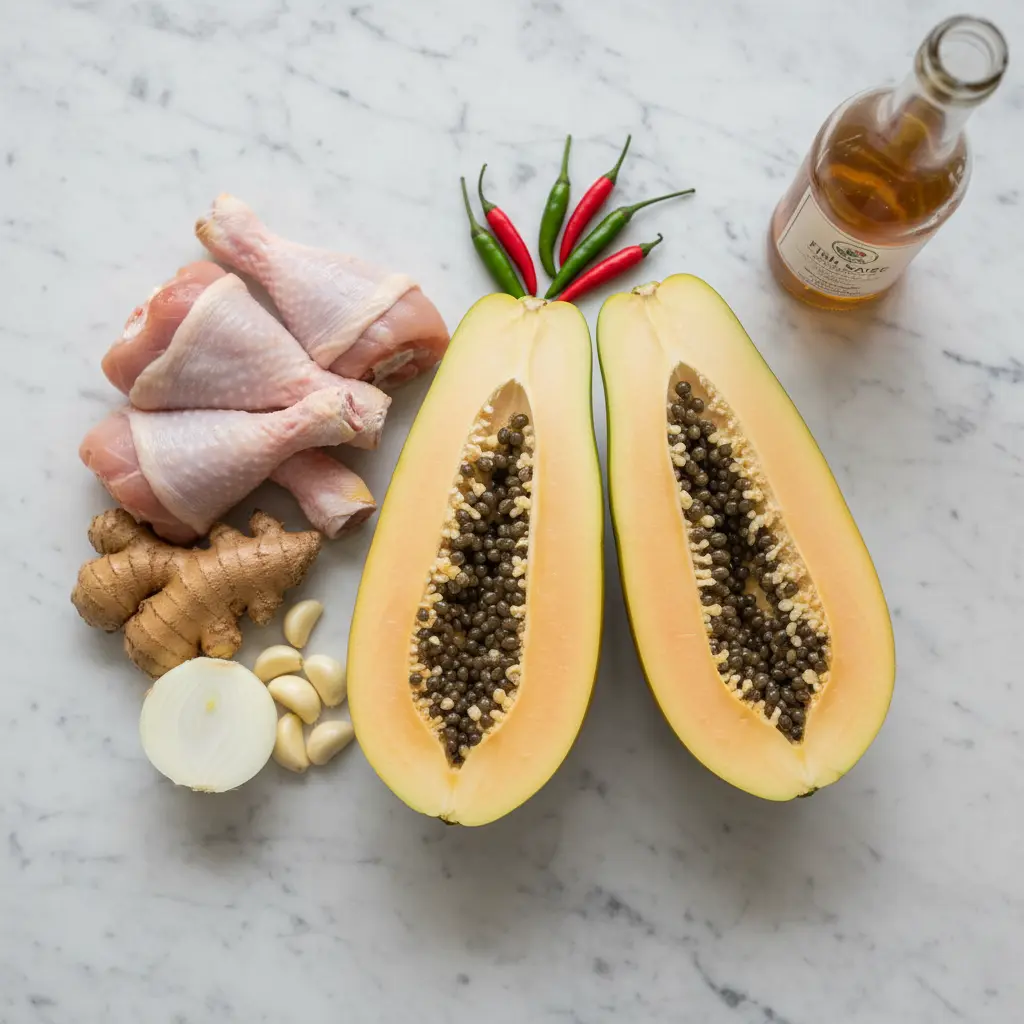 Fresh ingredients for chicken papaya recipe including green papaya, chicken, ginger, garlic, and fish sauce