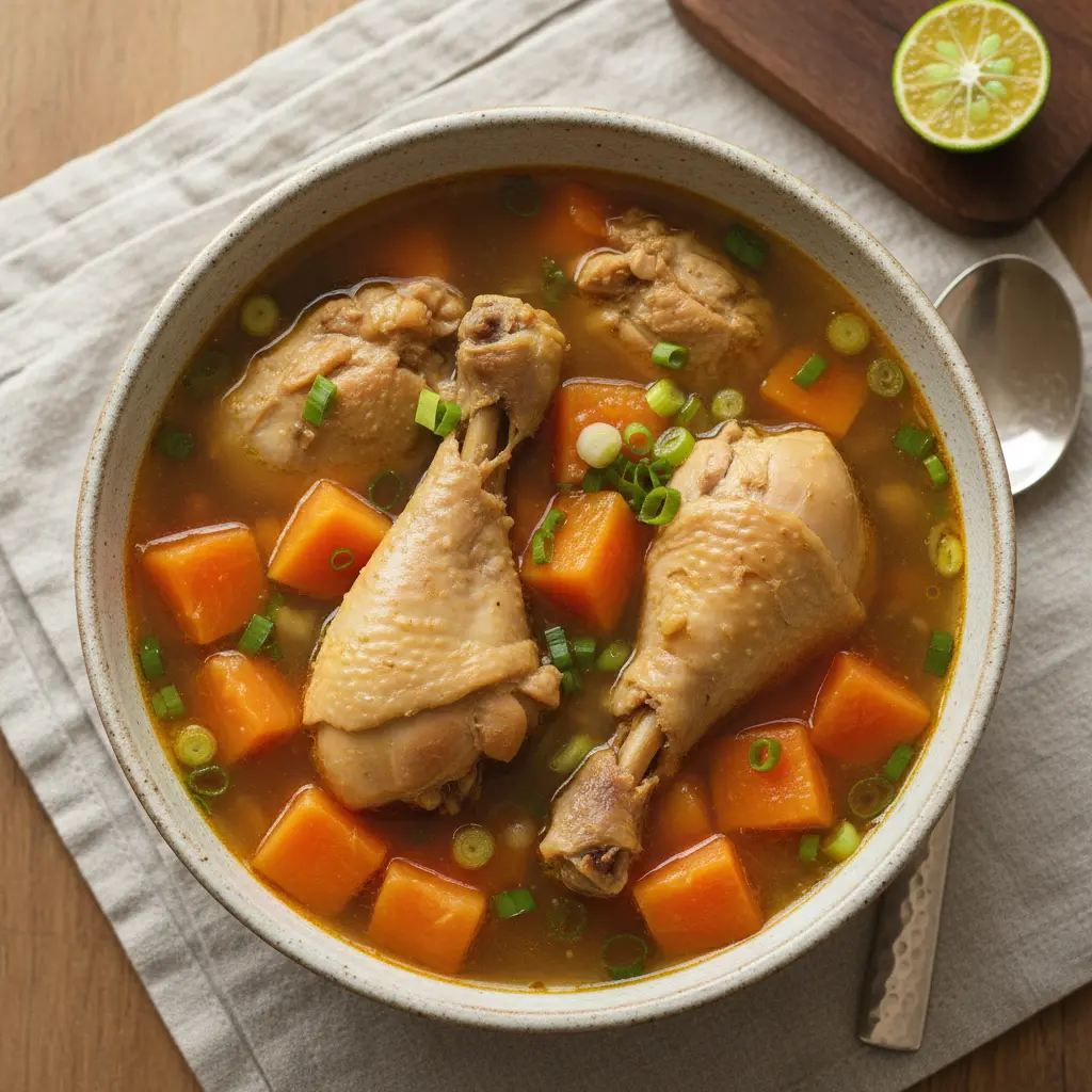 Overhead close-up of a finished bowl of chicken papaya recipe with bone-in chicken, papaya cubes, and green onions