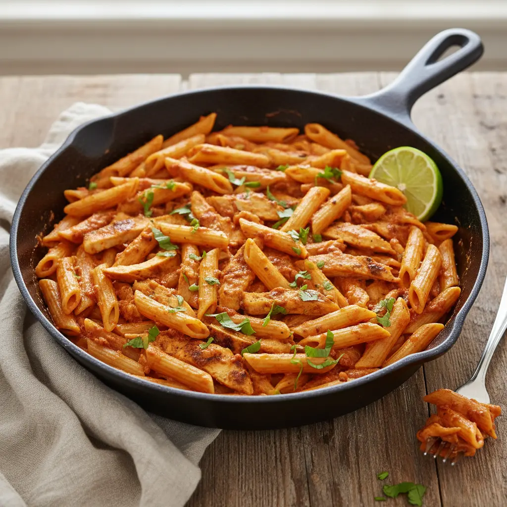 Chipotle chicken pasta in a wide skillet with creamy smoky sauce, sliced chicken, and penne coated in rich reddish-orange cream sauce garnished with cilantro