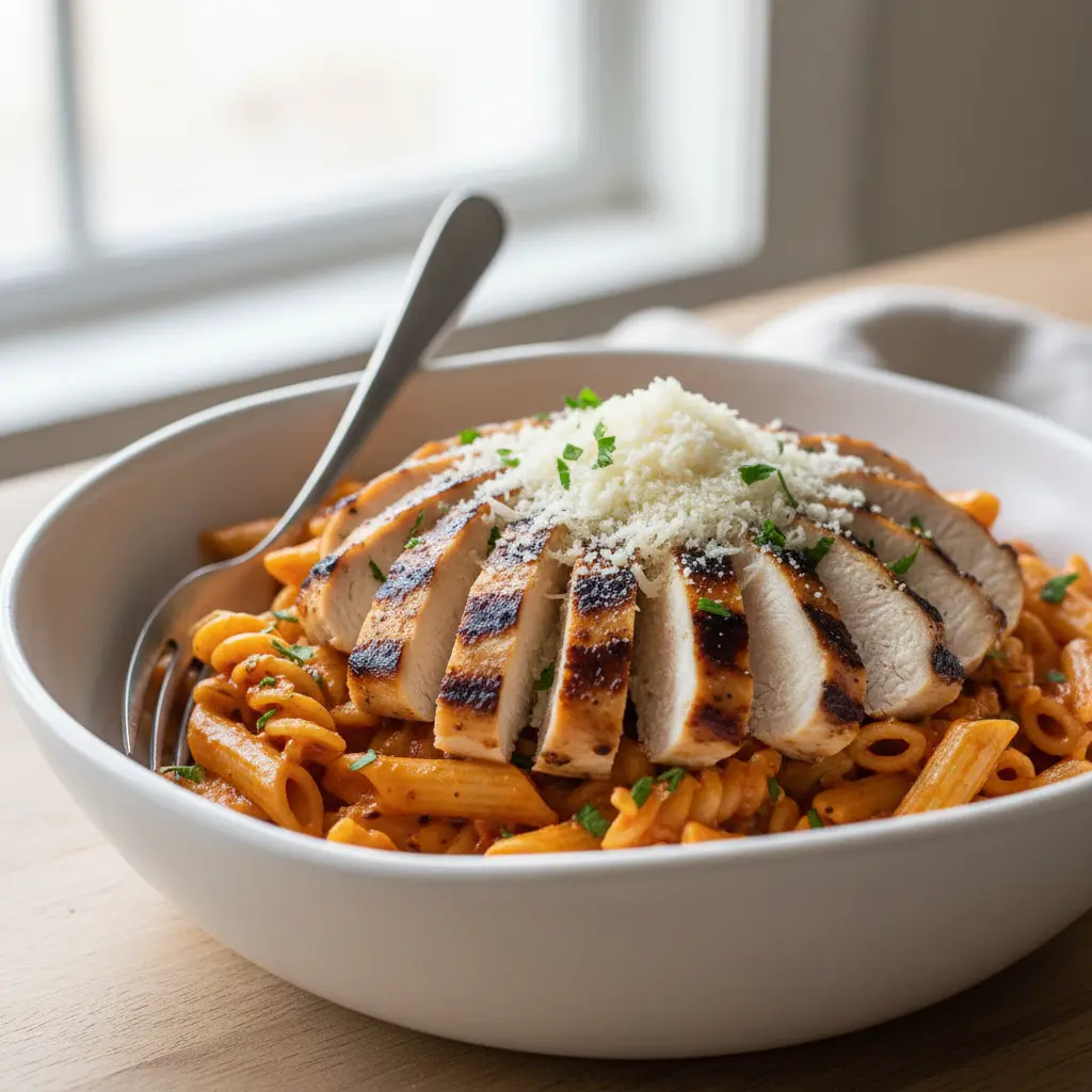 Plated chipotle chicken pasta in a white bowl topped with sliced grilled chicken, freshly grated parmesan, and chopped parsley