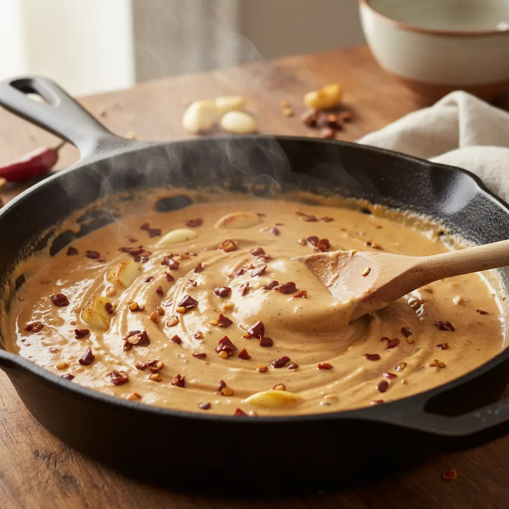 Close-up of creamy chipotle sauce being stirred in a cast iron skillet with sautéed garlic and chipotle peppers, steam rising from the pan