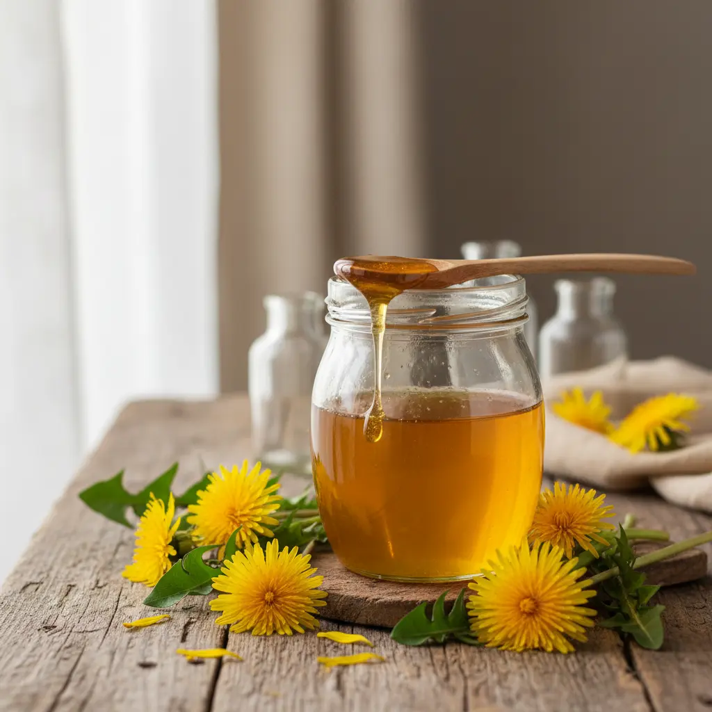 Dandelion syrup recipe in a glass jar surrounded by fresh yellow dandelion flowers on a rustic wooden table