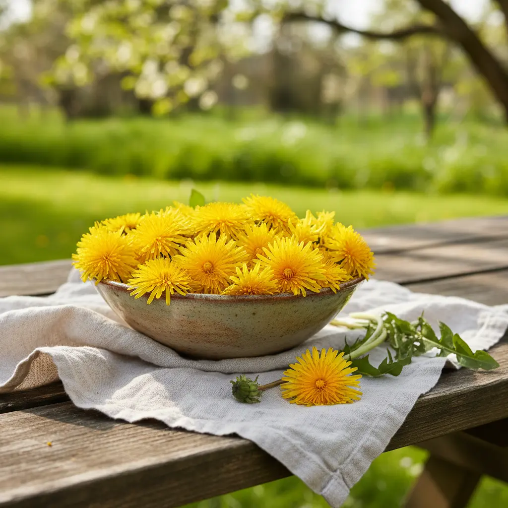Fresh yellow dandelion flower heads in a bowl ready to be used in a dandelion syrup recipe
