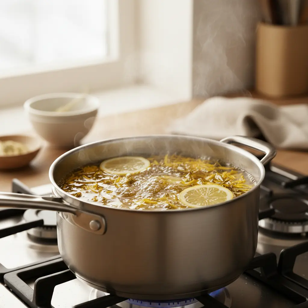 Dandelion petals and lemon slices simmering in a saucepan on the stove for a homemade dandelion syrup recipe