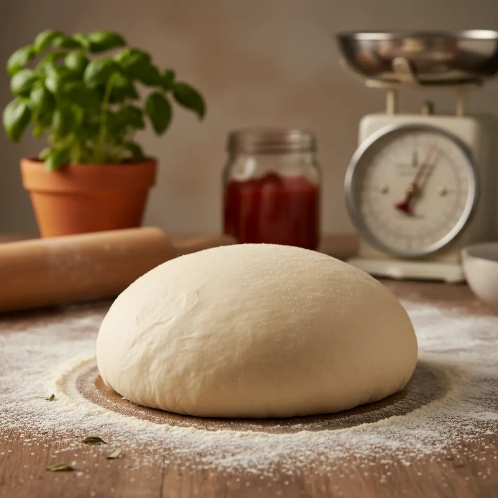 Homemade Domino's dough recipe — smooth elastic dough ball on a floured wooden surface