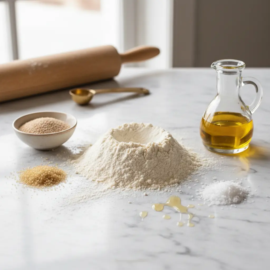 Domino's dough recipe ingredients — bread flour, yeast, sugar, salt, and oil on a marble surface