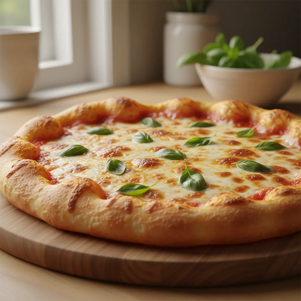 Freshly baked homemade pizza made with copycat Domino's dough recipe on a wooden board