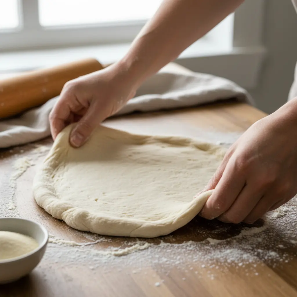 Stretching homemade Domino's dough recipe by hand into a round pizza crust