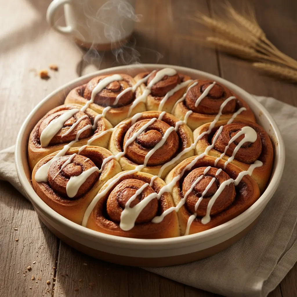 Freshly baked eggless cinnamon buns with cream cheese icing in a round baking dish