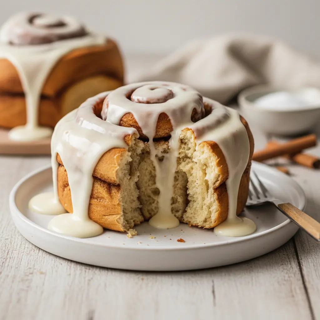 Single eggless cinnamon bun pulled apart showing fluffy swirled layers with cream cheese glaze