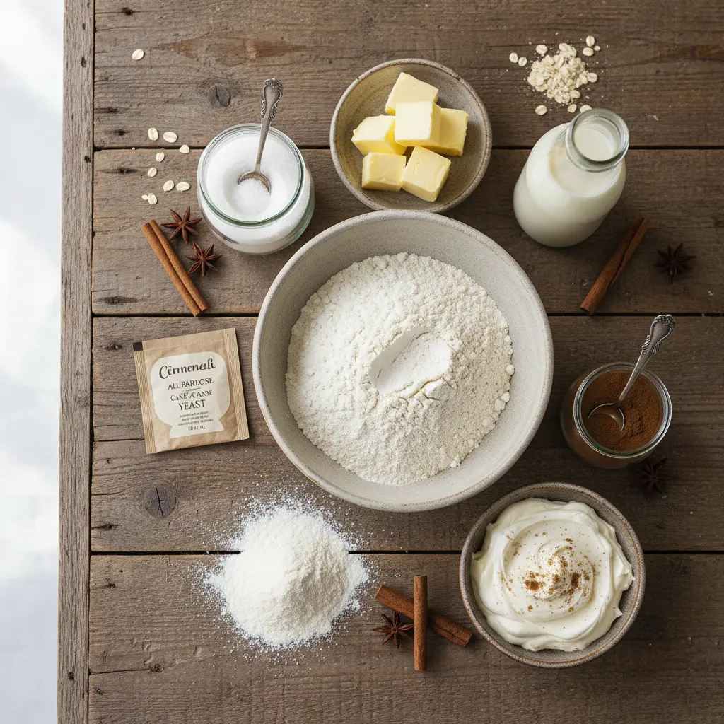 Flat lay of eggless cinnamon bun recipe ingredients including flour, cinnamon, sugar, butter, and milk