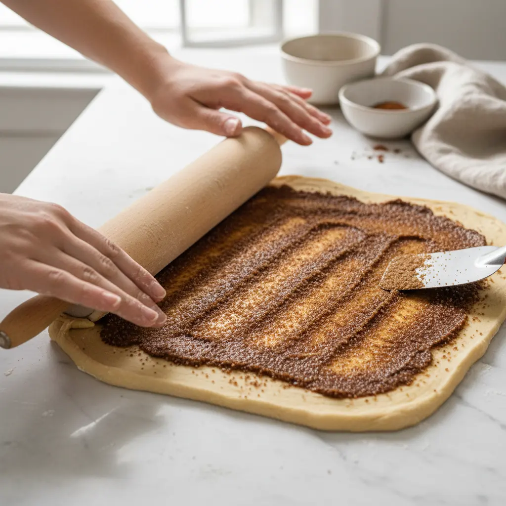 Hands rolling eggless cinnamon bun dough with cinnamon sugar filling spread across the surface