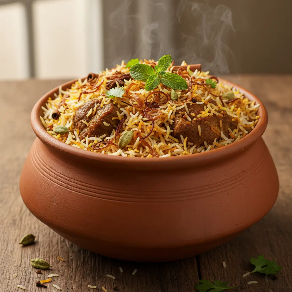 Kacchi biryani recipe served in a large clay pot with golden saffron rice, fried onions, and tender mutton