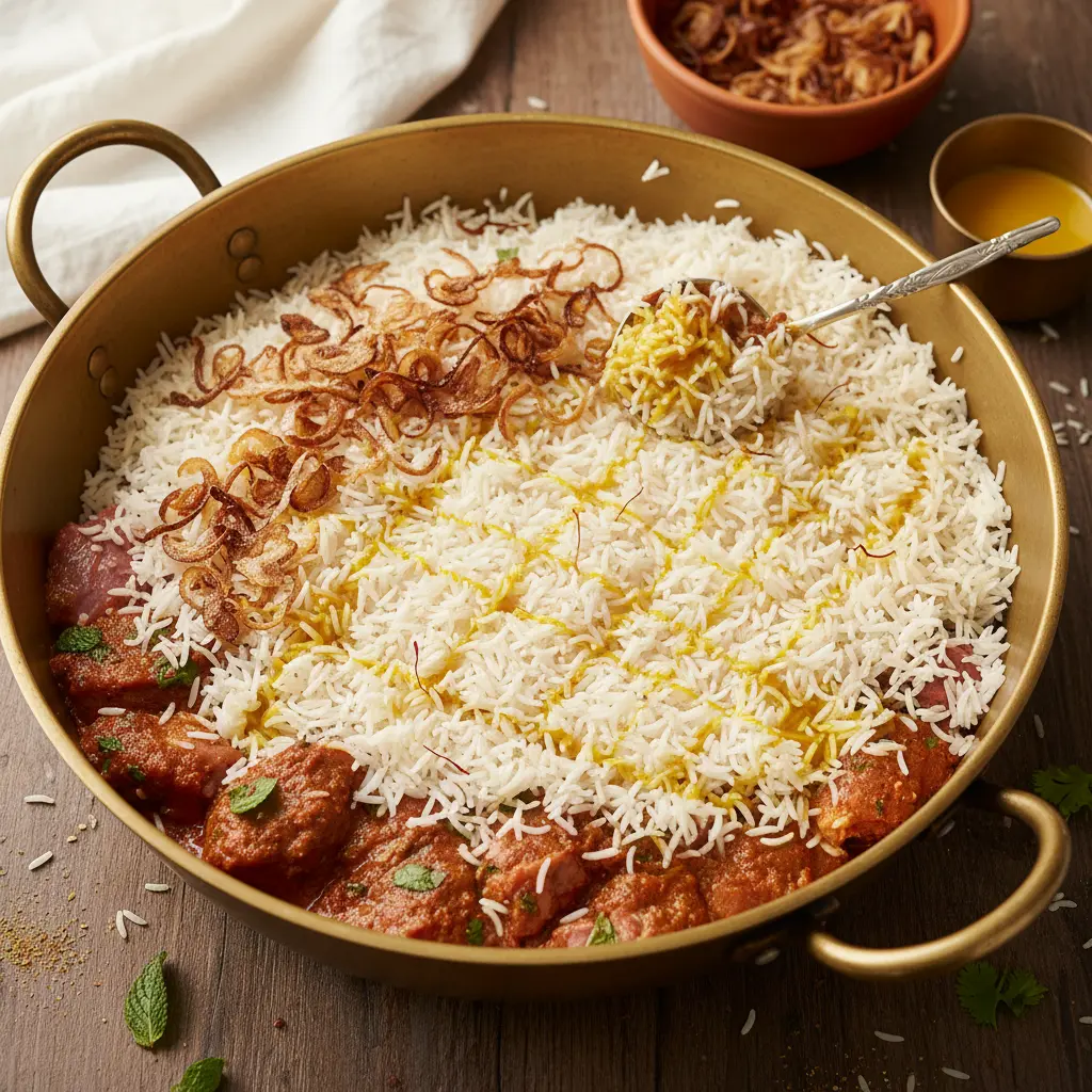 Kacchi biryani layering process showing saffron milk being drizzled over par-boiled basmati rice
