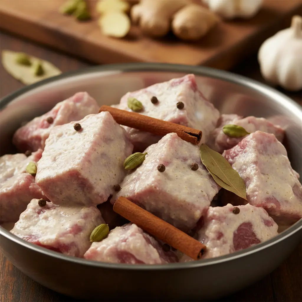 Raw marinated mutton pieces for kacchi biryani recipe coated in yogurt and whole spices