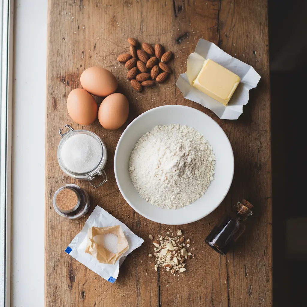 Keto biscotti recipe ingredients flat lay including almond flour, eggs, erythritol, butter, vanilla extract, and whole almonds on a rustic wooden board